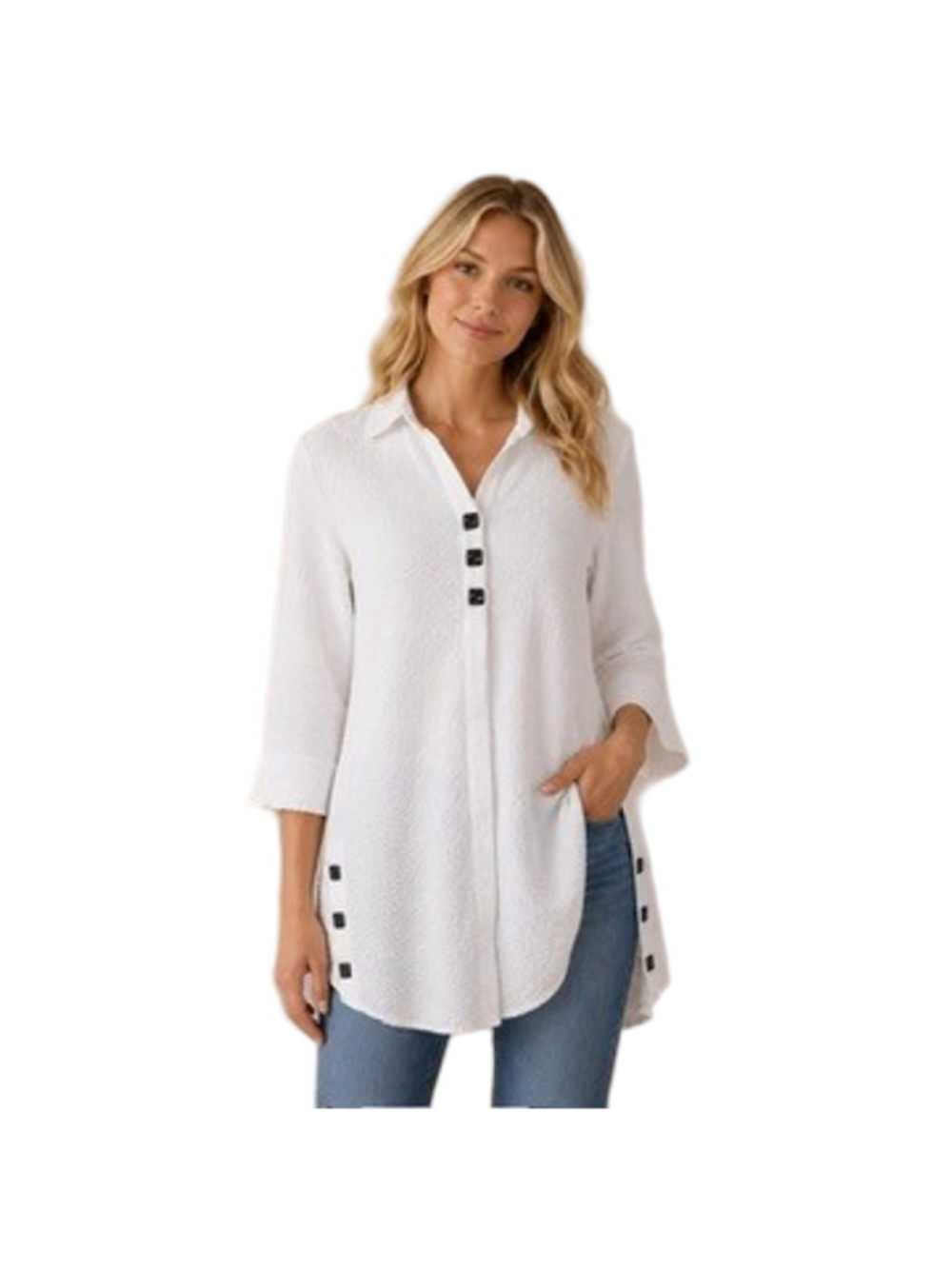 Habitat Crinkled White Tunic Top Artsy Button V-Neck Hi Low Hem Lagenlook Size M